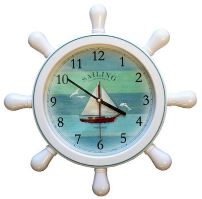 歐式 船舵造型掛鐘 創意地中海風格牆鐘船舵造型帆船圖案鐘壁掛鐘牆上掛鐘擺飾靜音鐘裝飾時鐘家飾