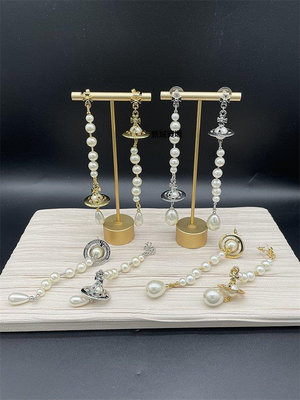 【現貨精選】Vivienne Westwood 金色銀色不對稱破碎珍珠立體土星長款耳環