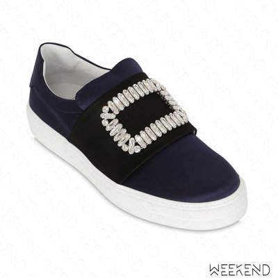 【WEEKEND】 ROGER VIVIER Sneaky Viv 鑲鑽 懶人鞋 緞面 藍+黑色