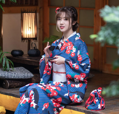 日式少女和服浴衣可愛牛奶貓咪圖案 日本傳統女士正裝表演Cosplay天秤百貨