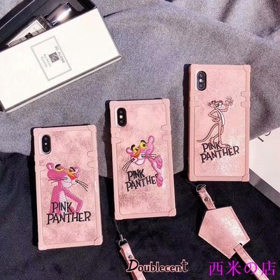 西米の店粉色 刺繡頑皮豹 適用於iPhone12 11 Pro Xs Max手機殼SE2蘋果XR 6 7 8Plus閃粉皮