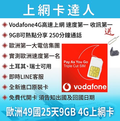30天 英國 Vodafone 歐洲 9GB 上網卡 49國 3G 4G sim卡 網卡 法國 德國 西班牙 土耳其