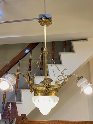 法國古董銅鍍金女王頭法式吊燈 3+1燈  燈具 臥室餐廳客廳 【更美歐洲傢飾古董老件Amazing House】台南