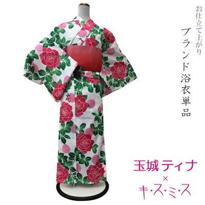 日本帶回 和服浴衣 白底綠葉紅玫瑰 涼感格子編織