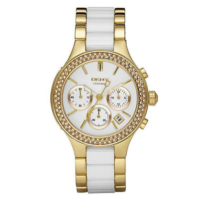 DKNY白色陶瓷手錶三眼計時金色商務休閒時尚鑲鉆石英錶防水女錶