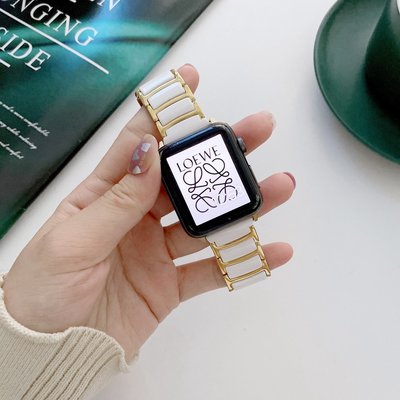 蘋果智慧手錶帶 Apple watch234567代 不銹鋼錶帶 間陶瓷蝴蝶扣腕帶錶鏈