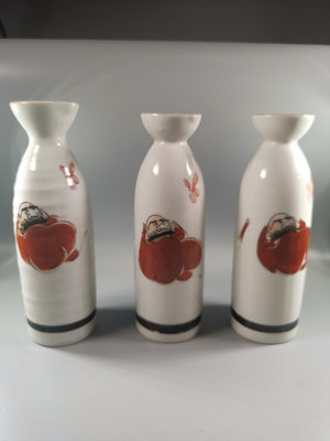 日本九谷燒 京月作 手繪達摩畫像 酒壺、酒瓶德利三只，達摩畫