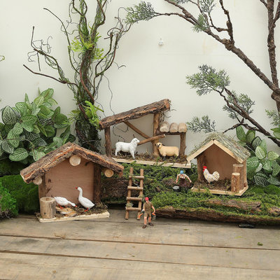 微景觀植物角擺件幼兒園戶外造景創意實木茅草屋房子庭院布景道具