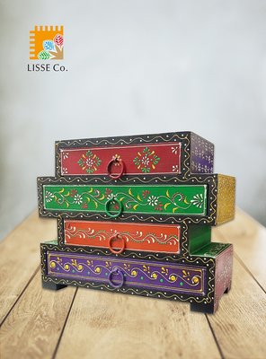 [綺異館] 印度手工木櫃 不規則造型4抽 復古 純手工彩繪 實用小木盒 收納盒 收納櫃 MA662