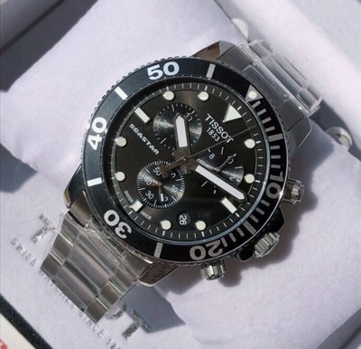 TISSOT seastar1000 黑色面錶盤 銀色不鏽鋼錶帶 石英 三眼計時 男士手錶 T1204171105100 天梭腕錶