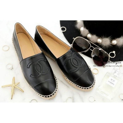 二手 Chanel Espadrilles 黑/黑CC小羊皮鉛筆鞋 尺寸齊全