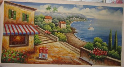 『府城畫廊-手繪油畫』歐風－地中海－風景畫－筆法細膩－60x120－(可加框)－有實體店面，請看關於我聯繫－D537