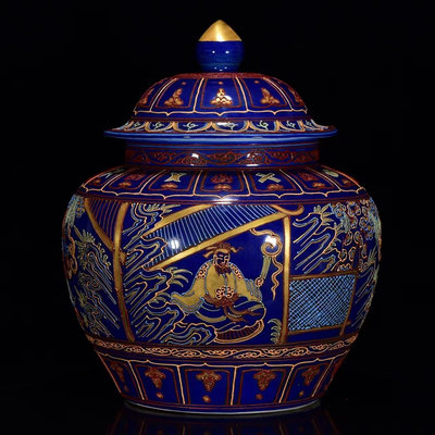 中國古瓷 明霽藍瀝粉描金人物紋蓋罐40*32m20000RT-3541