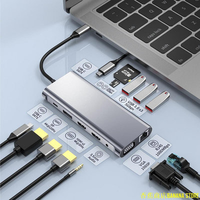 天極TJ百貨2024最新款13合1同屏異顯Type-C拓展塢USB-C轉雙HDMI+DP+VGA+RJ45+USB3.0千兆網卡4K