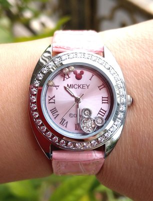【卡漫迷】 六折出清 米奇 皮革 手錶 水鑽 粉紅 ㊣版 皮革錶 迪士尼 Mickey 米老鼠 女錶 卡通錶 造型 時尚