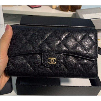 Chanel 黑色 信封式 荔枝牛皮長夾 發財包A80758