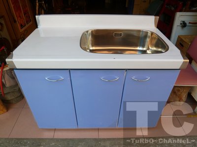 流理台【100公分洗台-右水槽】台面&amp;櫃體不鏽鋼 素面藍色門板 最新款流理臺