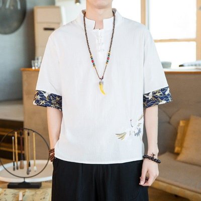 中國風夏季刺繡薄款亞麻T恤男士大尺碼短袖T恤男立領盤扣禪茶服唐裝
