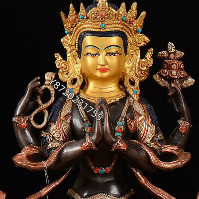 四臂觀音菩薩銅像尼泊爾全銅鎏金鎏銀7寸手工室內擺件【功德坊】銅器 佛像 擺件