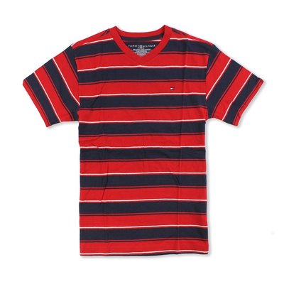美國百分百【Tommy Hilfiger】T恤 TH 男衣 T-shirt 短袖 短T V領 條紋 紅 深藍 G554