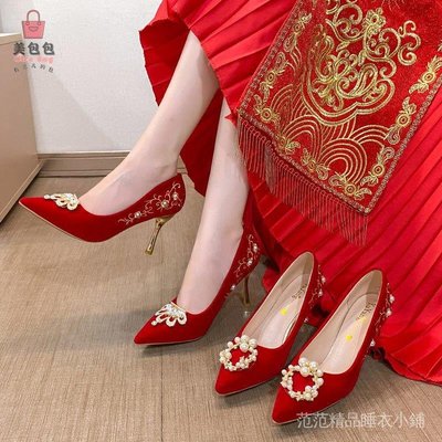 絨布 套腳 新娘鞋 紅色高跟鞋 [34-40]跟高6cm/8cm 尖頭 細跟 淺口 不累腳 防滑 耐穿 甜美