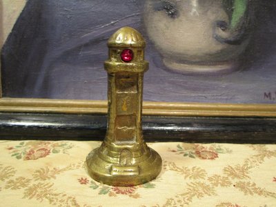 歐洲古物時尚雜貨 金色金屬 燈塔貼紅珠子 擺飾品 古董收藏