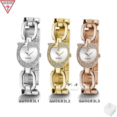 GUESS 全新時尚珠寶標緻外觀 女士手錶 在全新鍊式手鍊上採用創新的 G 型閃亮錶殼 可调节的 G 形链环GW0683G1 GW0683G2 GW0683G3