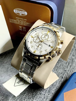 FOSSIL Dean 白色面錶盤 金色配銀色不鏽鋼錶帶 石英 三眼計時 男士手錶 FS4795