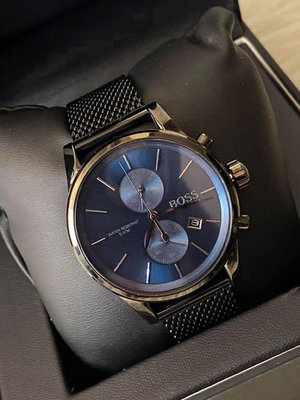 HUGO BOSS Jet 藍色面錶盤 槍鐵灰色不鏽鋼編織錶帶 石英 雙眼計時 男士手錶 1513677
