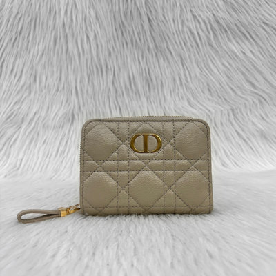 Dior S5032 CARO 奶茶色荔枝皮 拉鍊 短夾 零錢包 信用卡夾 皮夾 錢包