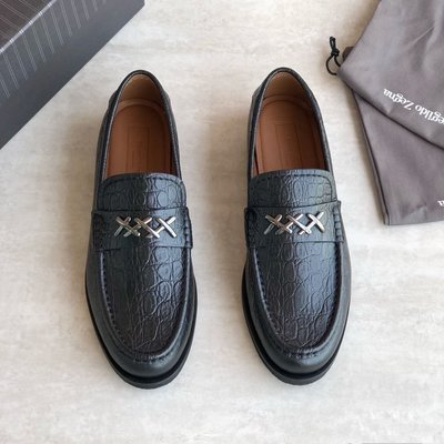 100％原廠 Zegna傑尼亞最新款男士黑色石頭紋低幫休閑皮鞋一腳蹬帥氣樂福鞋