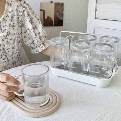 豎條紋玻璃水杯套裝家庭用待客廳高顏值ins風帶把茶杯女喝水杯子-維尼創意家居