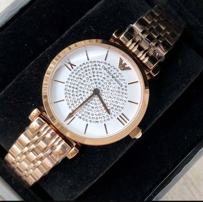 EMPORIO ARMANI 滿天星 晶鑽錶盤 玫瑰金色不鏽鋼錶帶 石英 女士手錶AR11244 亞曼尼腕錶