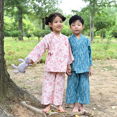 和服睡衣 日式睡衣 日本甚平男女孩和服長袖套裝兒童純棉睡衣寶寶空調房家居服藍星辰