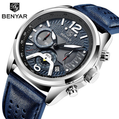 新款推薦百搭手錶 新款賓雅benyar男士手錶 時尚運動多功能計時真皮石英錶 5171 促銷