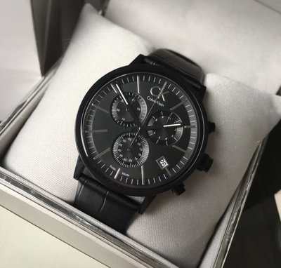 Calvin Klein 黑色面錶盤 黑色皮革錶帶 石英 三眼計時 男士手錶 K7627401 (CK腕錶）