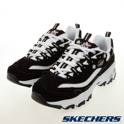 【鞋印良品】SKECHERS D'LITES 老爹鞋 休閒鞋 電繡小花 經典款 記憶鞋墊 女款 149466BKW黑白