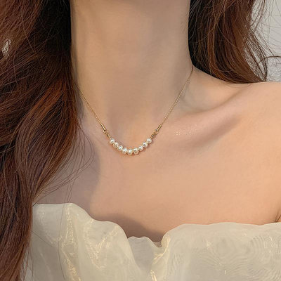 鈦鋼橢圓淡水珍珠項鏈頸鏈女金絲鏈鈦鋼設計感氣質網紅珍珠鎖骨鏈