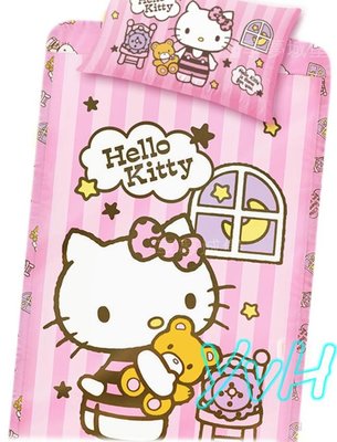 =YvH=單人床包枕套 臺灣製造 正版授權 Hello Kitty 晚安物語 淡粉紅色 晚安 抱小熊