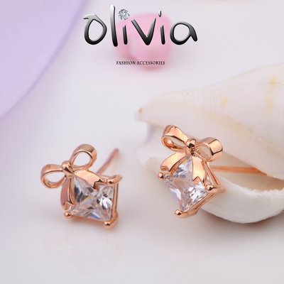 耳針耳環 蝴蝶結精選方形方晶鋯石厚鍍14K真金耳針耳環【N02841】Olivia Fashion