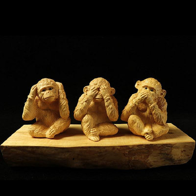 黃楊木雕居家動物擺件手工雕刻三勿猴工藝品文玩手把件三不猴禮品