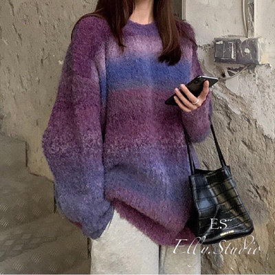 黑/紫漸層保暖針織毛衣(黑/紫/藍)暖暖厚實寬鬆上衣女