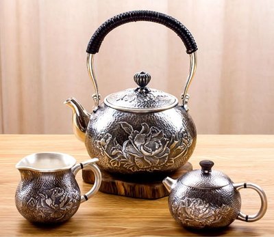 銀壺 純銀手工燒水壺 泡茶壺 公道杯 三件套組  浮雕錾花 含銀量高達99%以上