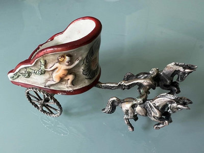 【二手】意大利中古名瓷卡波迪蒙特手繪鑲銀馬車小擺件   800銀標記 古玩 收藏 舊貨 【尋秦記】-3286