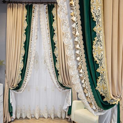 絨布窗簾法式歐式加厚遮光拼接墨綠色拼米黃色窗簾臥室客廳定制成~特價