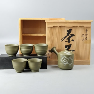 。吉川秀樹作日本常滑燒綠泥橫手急須茶壺茶碗茶具一