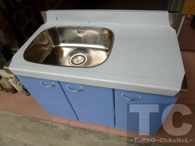流理台【100公分洗台-左水槽】台面&amp;櫃體不鏽鋼 素面藍色門板 最新款流理臺
