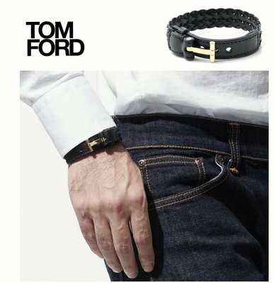 TOM FORD   (黑色×金屬銀色經典T字)  編織 真皮手環  手鍊 中性款｜100%全新正品
