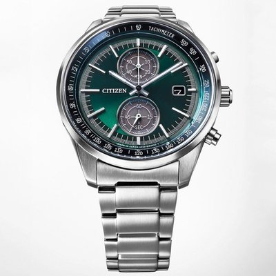 【台南 時代鐘錶 CITIZEN】星辰 光動能 計時時尚男腕錶 限量款 CA7030-97W 綠/銀 41mm