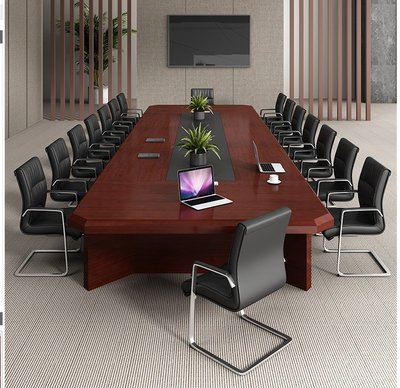 黑胡桃色會議桌長桌簡約現代實木皮定制辦公培訓桌椅組合長條形橙子